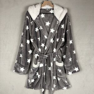 PJ SALVAGE Luxe Plush Hooded Robe‎ Sz L Gray White Stars Pockets Gorgeous Cozy